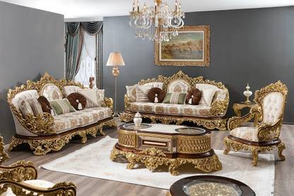 royal wood DYNA TURKISH STYLE LUXURY PREMIUM TEAKWOOD SOFA SET WITH PREMIUM SILK Fabric 3 + 2 + 1 Sofa Set