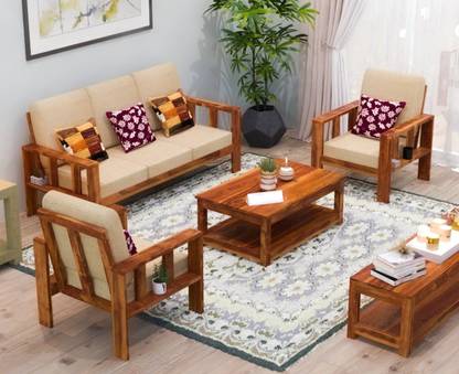 DECORWOOD Solid Sheesham Wood Five Seater Sofa Set For Living Room, Hotel Office. Fabric 3 + 1 + 1 Sofa Set