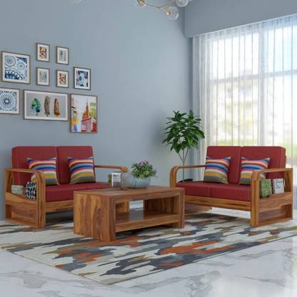 DOKRI Solid Wood 4 Seater Wooden Sofa set for living Room with Center Table Fabric 2 + 2 Sofa Set