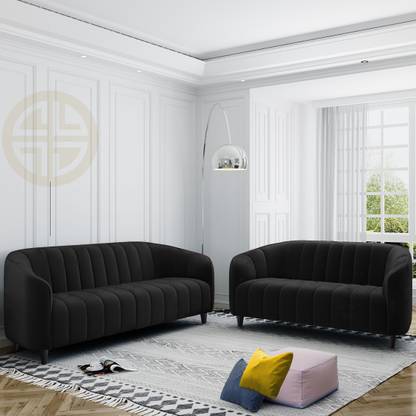 CARLTON LONDON Amelia Tufted Back 3+2 Seater Black Color Fabric 3 + 2 Sofa Set
