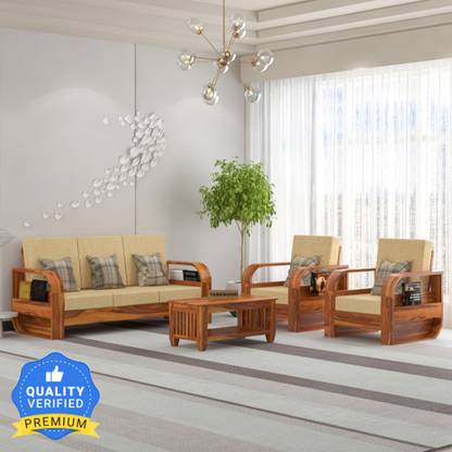 Taskwood Furniture Solid Sheesham Wood With Coffee Table For Living Room, Café Fabric 3 + 1 + 1 Sofa Set
