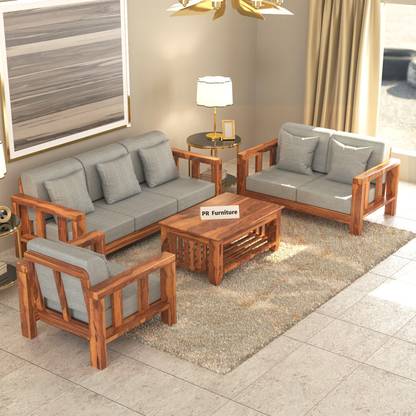 PR FURNITURE Solid Sheesham Wood Six Seater Sofa Set For Living Room / Hotel / Cafe. Fabric 3 + 2 + 1 Sofa Set
