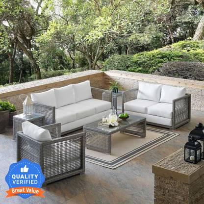 Flipkart Perfect Homes Rattan & Wicker Outdoor Garden 4 Seater Patio Sofa Set with Center Table Leatherette 3 + 1 + 1 Sofa Set