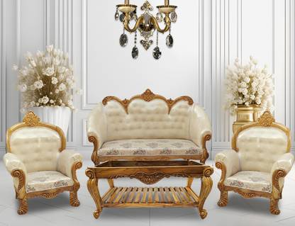 W.S.HANDICRAFTS Solid wood sofa set (Pure Teak (Sagun) in carving design Filling Material- Foam Fabric 3 + 1 + 1 Sofa Set