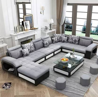 oxtem U shape sofa set 9 seater with 4 Puffy Fabric 3 + 2 + 2 + 1 Sofa Set