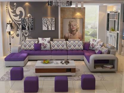 Torque Allister 12 Seater U Shaped Sofa Set-Purple & Light Grey Include 4 Puffy Fabric 3 + 2 + 2 + 1 Sofa Set