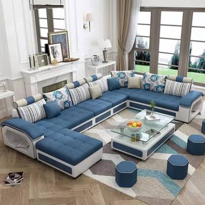 sda Silvester U Shape 9 Seater Fabric Sofa Set with 4 Puffy (Blue & White) Fabric 3 + 2 + 2 + 1 Sofa Set