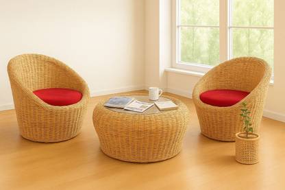 INDIACRAFT Double seating pure rattan cane couch with a large size centre table Fabric 2 + 1 Sofa Set