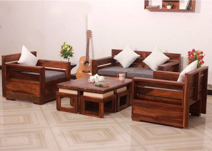 Sheesham Craft MirageMingle Handcrafted Sheesham Wood Sofa- Space-Efficient,Easy Assembly Fabric 2 + 1 + 1 Sofa Set