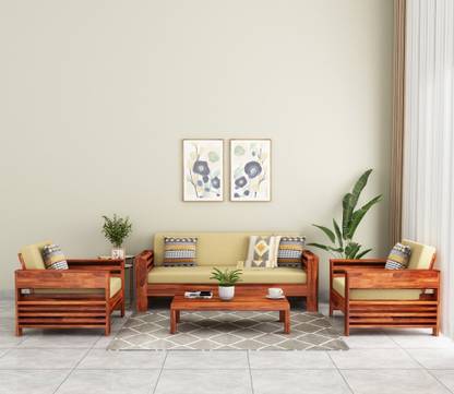 VARSHA FURNITURE Solid Wood 5 Seater Wooden Sofa Set For Living Room With Side Pockets Storage Fabric 3 + 1 + 1 Sofa Set