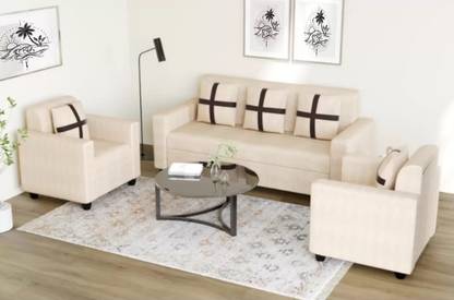 TAKELWOOD 5 SEATER SOFA SET LIGHT CREAM Fabric 3 + 1 + 1 Sofa Set