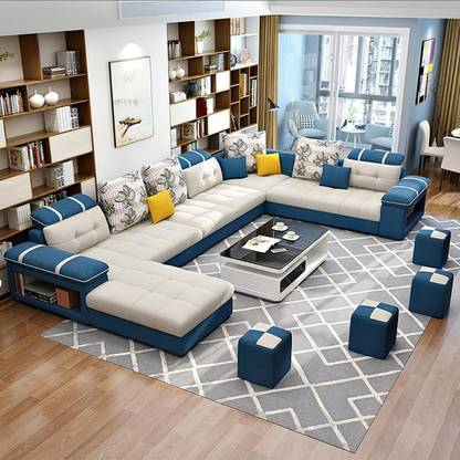 Torque Bristol U Shape 9 Seater Fabric Sofa Set with 4 Puffy (Cream - Blue) Fabric 3 + 2 + 2 + 1 Sofa Set