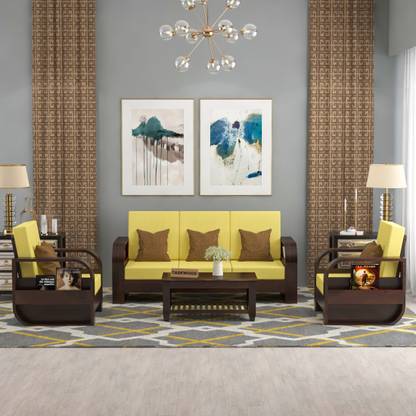 Taskwood Furniture Solid Sheesham Wood Five Seater Sofa Set For Living Room/ Office | Fabric 3 + 1 + 1 Sofa Set