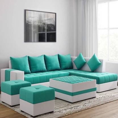 Torque Steffan L Shape 8 Seater with Centre Table and 2 Puffy(RHS, Aqua Blue) Fabric 3 + 2 + 1 + 1 Sofa Set