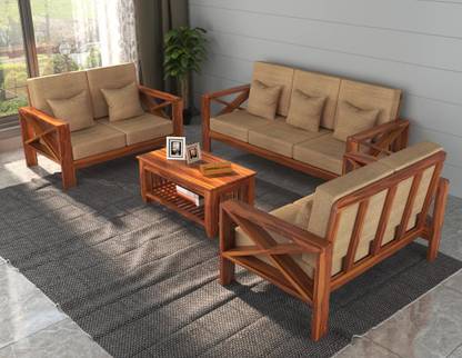 DECORWOOD Solid Sheesham Wood 7 Seater Sofa Set For Living Room, Hotel Office. Fabric 3 + 2 + 2 Sofa Set