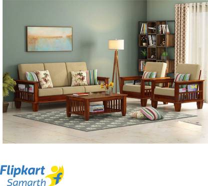 Divine Arts Solid Sheesham Wood For Living Room / Office Fabric 3 + 1 + 1 Sofa Set