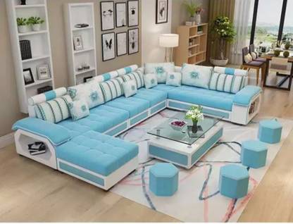 oxtem U shape sofa set 9 seater with Tea Table & 4 Puffy Fabric 3 + 2 + 2 + 1 Sofa Set