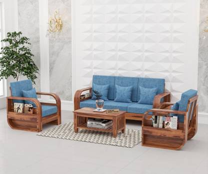 Flipkart Perfect Homes Leaf Style Solid Wood Five Seater Sofa Set With Pocket Storage For Living Room | Fabric 3 + 1 + 1 Sofa Set