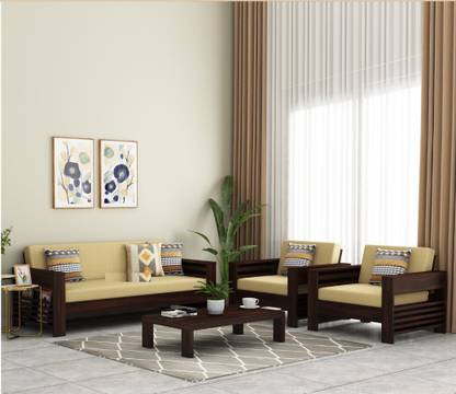 VARSHA FURNITURE Solid Wooden For Living Room With Side Pockets Storage Fabric 3 + 1 + 1 Sofa Set