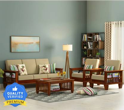 Taskwood Furniture Solid Sheesham Wood For Living Room/ Office/ Guest Room | Fabric 3 + 1 + 1 Sofa Set