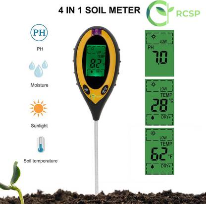 RCSP Soil Tester 4 in 1 Digital PH Meter Moisture Gardening and Agriculture Water Soil Testing Machine with Sensor Probe, LCD Large Display for Sunlight Temperature (Digital Soil TESTOR) Soil Test Kit
