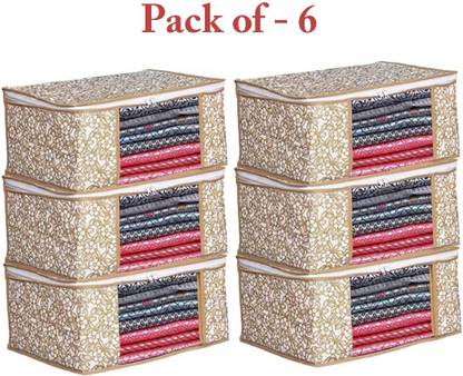 STORAZE Set of 6 Printed Non Woven Fabric Saree Cover/Clothes Organiser For Wardrobe Set Polyester Laundry Bag