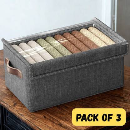 Ashmakam 3 Pcs Storage Box with Lid, Reinforced Handles for Easy Lifting Poly-canvas Laundry Bag