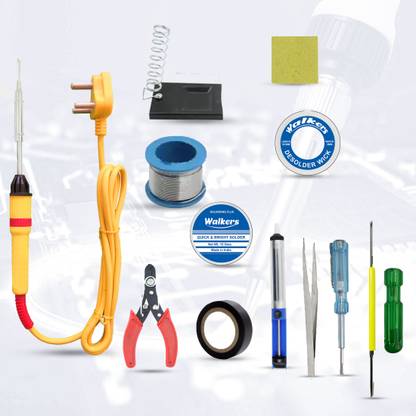Walkers Basic 12in1 Complete Soldering Iron Machine Tool Kit Set| Wire Cutter | Stand | Solder Wire | Tweezer | Soldering Flux | Desoldering Wick | Tester| Desoldering Pump | Electric Tape | 2in1 Screw Driver | Sponge 25 W Simple