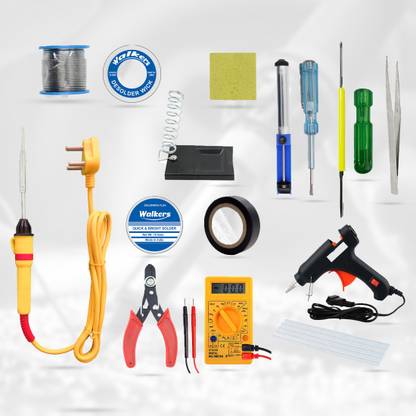 Walkers Basic Complete 14in1 Soldering Iron Machine Tool Kit Set | Wire Cutter | Stand | Solder Wire | Tweezer | Soldering Flux | Sponge | Tester| Desoldering Pump | Electric Tape | 2IN1 Screw Driver | Digital Multimeter | 20W Glue Gun | Desoldering Wick 25 W Simple