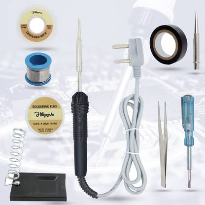 Hillgrove 9in1 Beginners Complete 30W Soldering Iron Kit with 5 Meter Solder Wire, Stand, Flux, Bit, Tape, Tester, Tweezer, Wick 30 W Simple