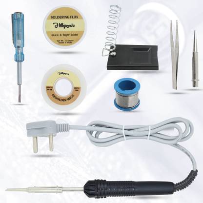 Hillgrove 8In1 Basic Complete 30W Soldering Iron Kit with 5 Meter Solder Wire, Stand, Flux, Bit, Tester, Tweezer, Wick 30 W Simple