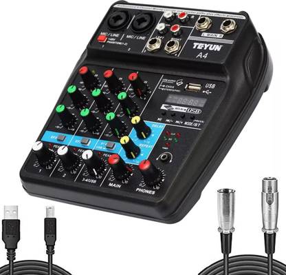 DawnRays Professional 4 Channel Audio Mixer for Studio Recording, Digital Sound Mixer Voice Mixer Built-in Digital USB Bluetooth MP3 Computer With XLR Cable Input 48V Phantom Power for Condenser Microphone Digital Sound Mixer