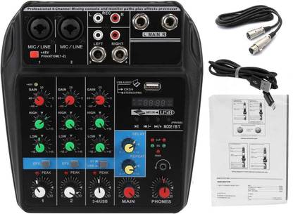 TechBlaze 4 channels Portable Audio Mixer Sound Mixing Amplifier Computer Playback With XLR cable and USB to USB Cable 48V Phantom Power DJ mixer Audio Interface Sound Card for Recording Singing Home Music Production, Webcast Powered Sound Mixer