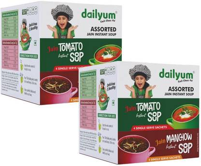 dailyum Jain Instant Soup|Tomato and Manchow Soup|8 Single Serve Sachets,4 Each