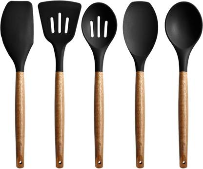 ZEQON Black Color Utensils Set Non-Stick Silicone Cooking Set with Wood Handles Non-Stick Spatula