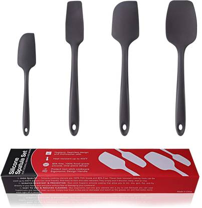 Ramkuwar Silicone Spatula Set 4-Piece - 600ºF Heat-Resistant Baking Spoon Spatula - Seamless One-Piece Design Easy to Clean - Non-Stick Silicone Stainless Steel Core (Spatula 4A Black) Non-Stick Spatula