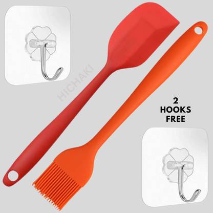 HICHAKI 27CM Silicone Orange Spatula & Basting Pink Brush Set with 2 Self-Adhesive Hooks Non-Stick Spatula