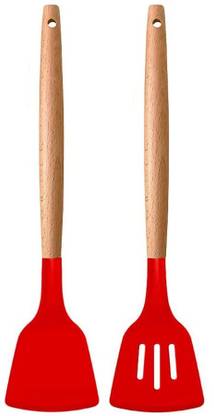 Besillia 2 Pieces Set Silicone Spatula with Wooden Handle Non-Stick Cooking Turner (Red) Wooden Spatula