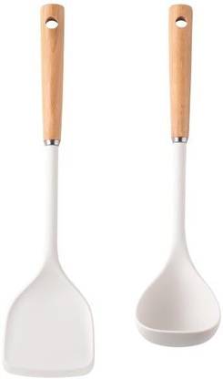 DEEP ENTERPRISE PACK OF 2 White SILICONE SPATULA,Cooking Utensil Set, Wooden Handle,Serving Food Non-Stick Spatula