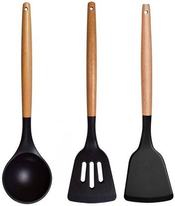 PBKN Silicone Tool Set for Desi Khana | Spatula, Turner, Kadchi | 3 Pc Wood Handle Kitchen Tool Set