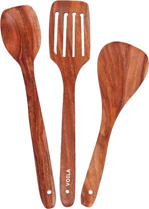 Voila Serving & Cooking Tools (Slotted Turner, Flat Turner, Small Turner) Neem Wooden Spatula