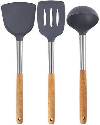 Star Work GREY SILICONE FLEXIBLE SLIP RESISTANT COMFORTABLE WOODEN HANDLE BPA FREE Non-Stick Spatula