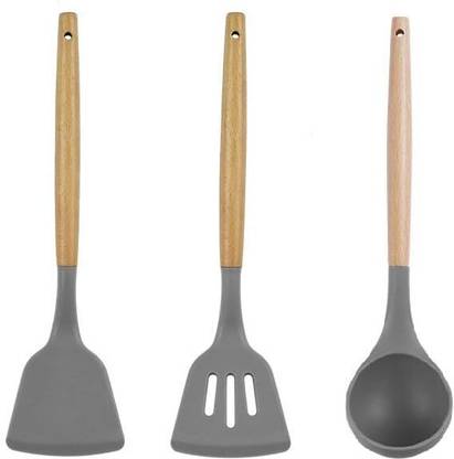 Star Work GREY SILICONE SPATULA SET INCLUDES 3 LARGE FLEXIBLE COMFORTABLE WOODEN HANDLE Non-Stick Spatula