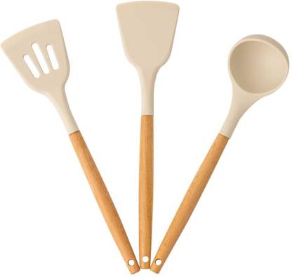 KHODIYAR HAND WORKS Silicone Spatula Set for 3 Kitchen Wooden Handle Spatula Non-Stick Spatula