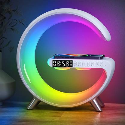 Harjio G Shape Table Lamp RGB Bluetooth Speaker with 15w Wireless Charger,Digital Clock 5 W Bluetooth Party Speaker