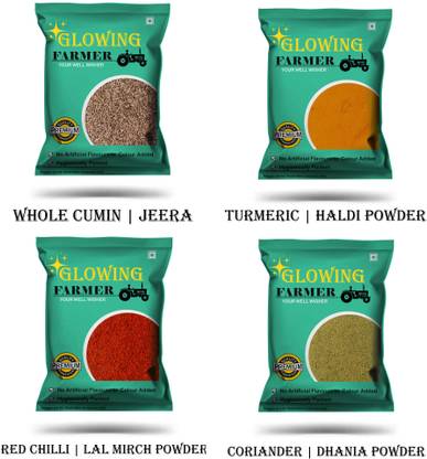 GLOWING FARMER Coriander Powder, Turmeric Powder, Red chilli Powder & Whole cumin Combo Pack