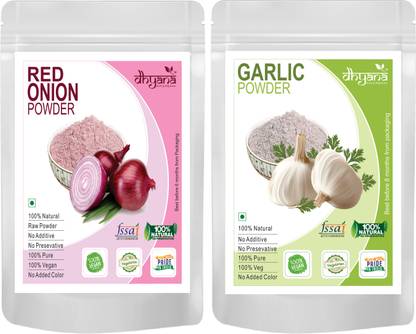 DHYANA HERBS & DEHYDRATES Red Onion Powder 1KG+Garlic Powder 1KG (Combo Pack of 2KG) Kanda & Lehsun Powder