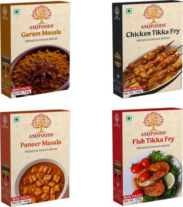 amjfoods Garam Masala, Paneer Masala, Chicken Tikka Fry Masala, Fish Tikka Fry Masala