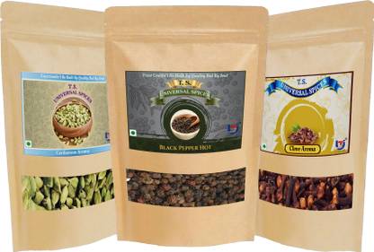 T.S. Universal Economic Combo of Black Pepper Hot(100g), Clove Aroma(75g) & Cardamom Aroma(75g)