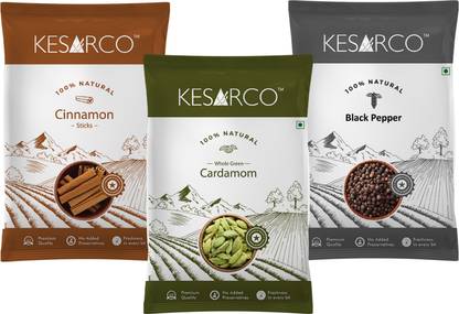 KESARCO Whole Spices Combo - Cardamom 40g, Cinnamon 50gm & Black Pepper 50gm